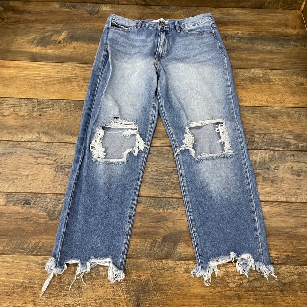Kancan High Rise Distressed Straight Leg Jeans Light Wash Blue 28 Crop Boho